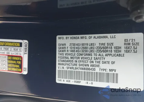 2022 Honda Odyssey Ex-L z USA, uszkodzony, nr VIN 5FNRL6H74NB006430